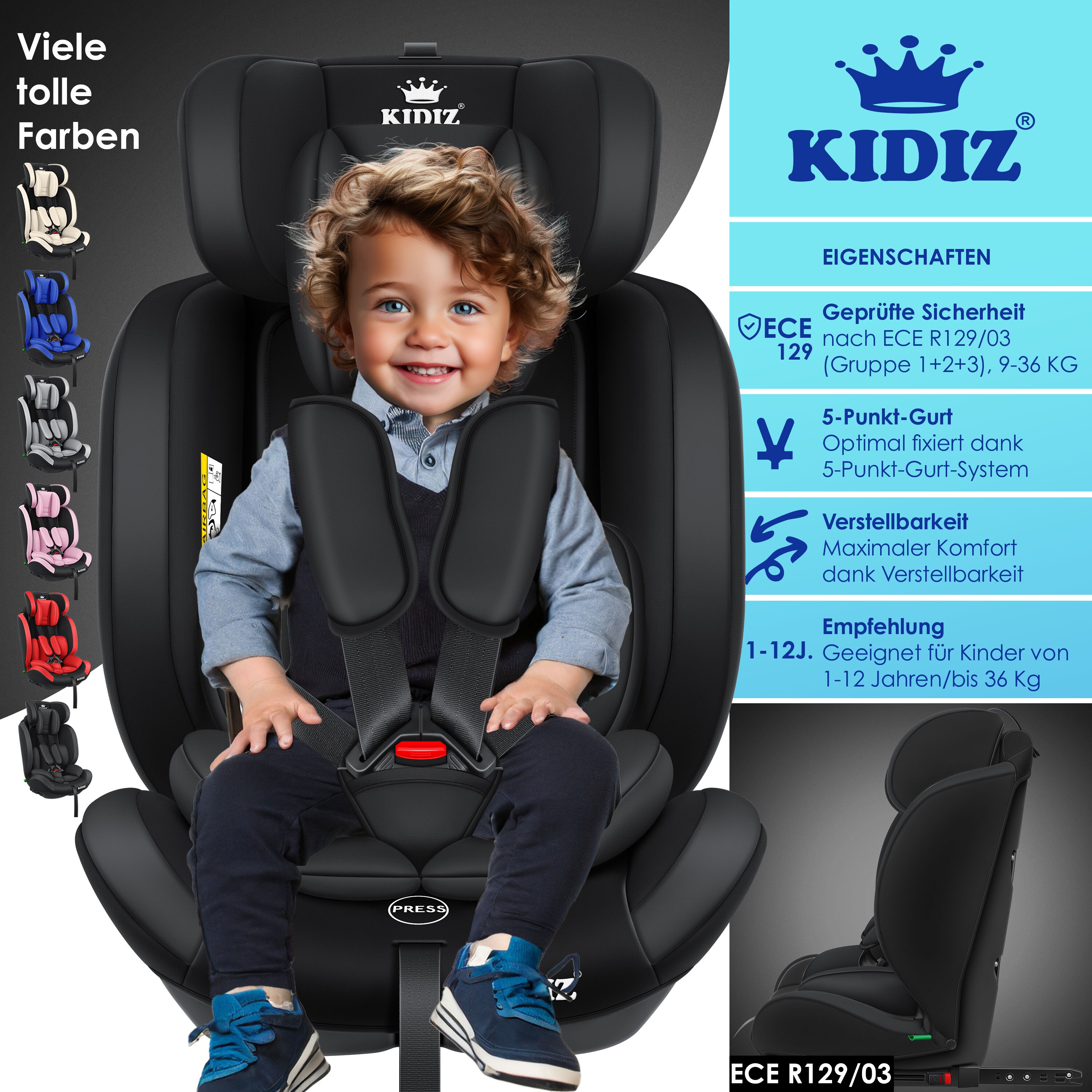 KIDIZ® Autokindersitz Premium Kinderautositz Gruppe 1+2+3, 9-36 kg 5-Punkt-Sicherheitsgurt, Autositz, Kindersitz, Einstellbare Kopfstütze, Mitwachsende Sitzerhöhung 1-12 Jahre, Stabil und Sicher