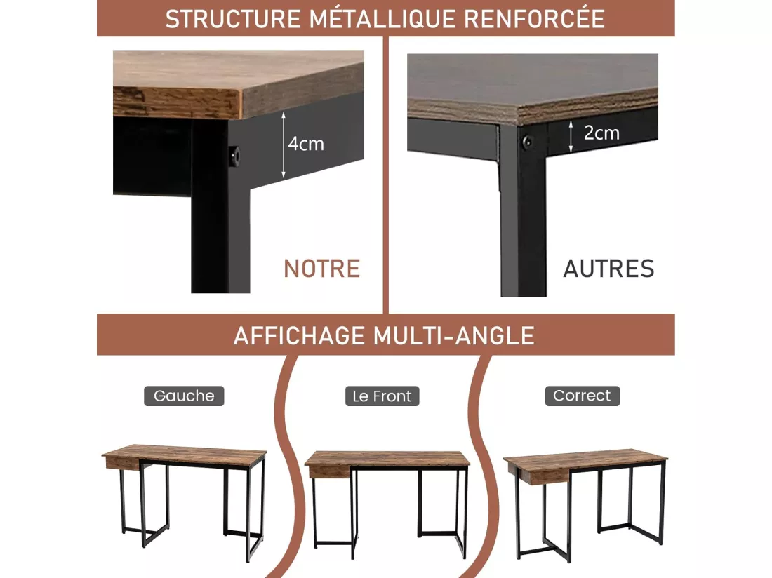 Bureau d'Ordinateur Industriel 120 x 55 cm, Table avec Tiroir, Design Élégant, Postes de Travail pour Bureau, Salon, Chambre, Facile à Assembler, 120 x 55 x 75 cm (Marron Rustique)