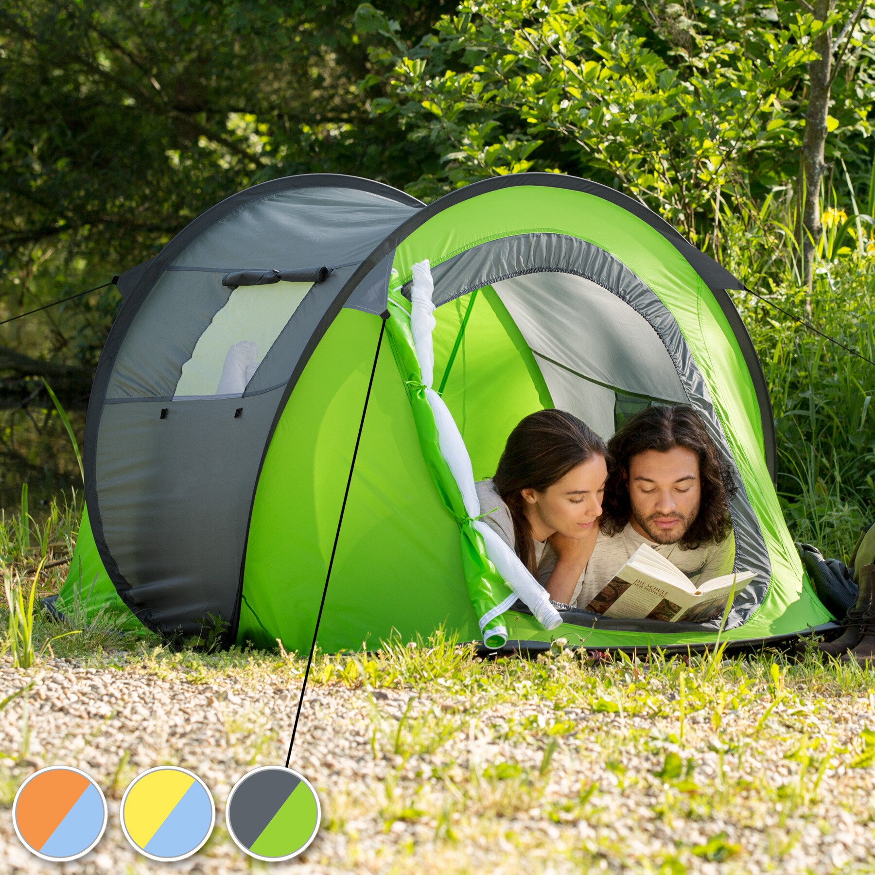 tectake® Pop-up Wurfzelt, für 2 Personen, wasserdicht, mit Moskitonetz, inklusive Heringe, Spannseile und Tragetasche