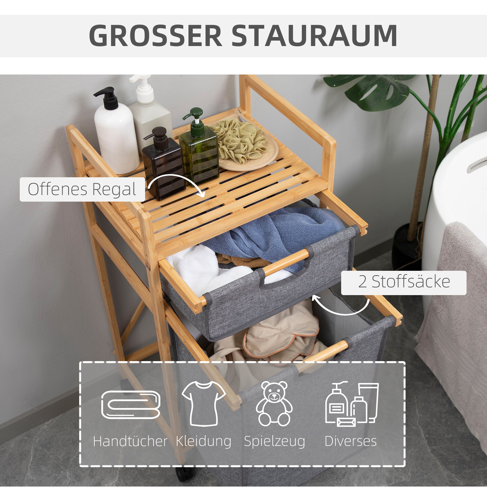 HOMCOM Wäschekorb mit Rollen grau, natur 42L x 35B x 84,5H cm