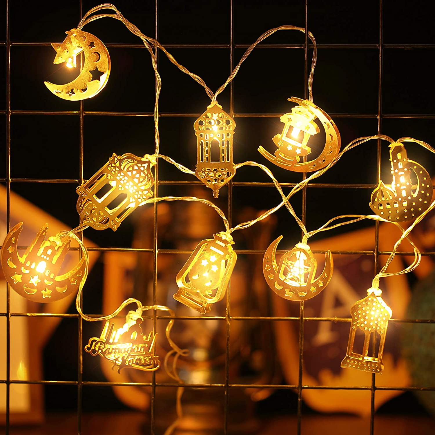 (3m) 20 LED's Ramadan Metall Deko Lichterkette Eid Mubarak Beleuchtung (Batteriebetrieben) - Warmweiss