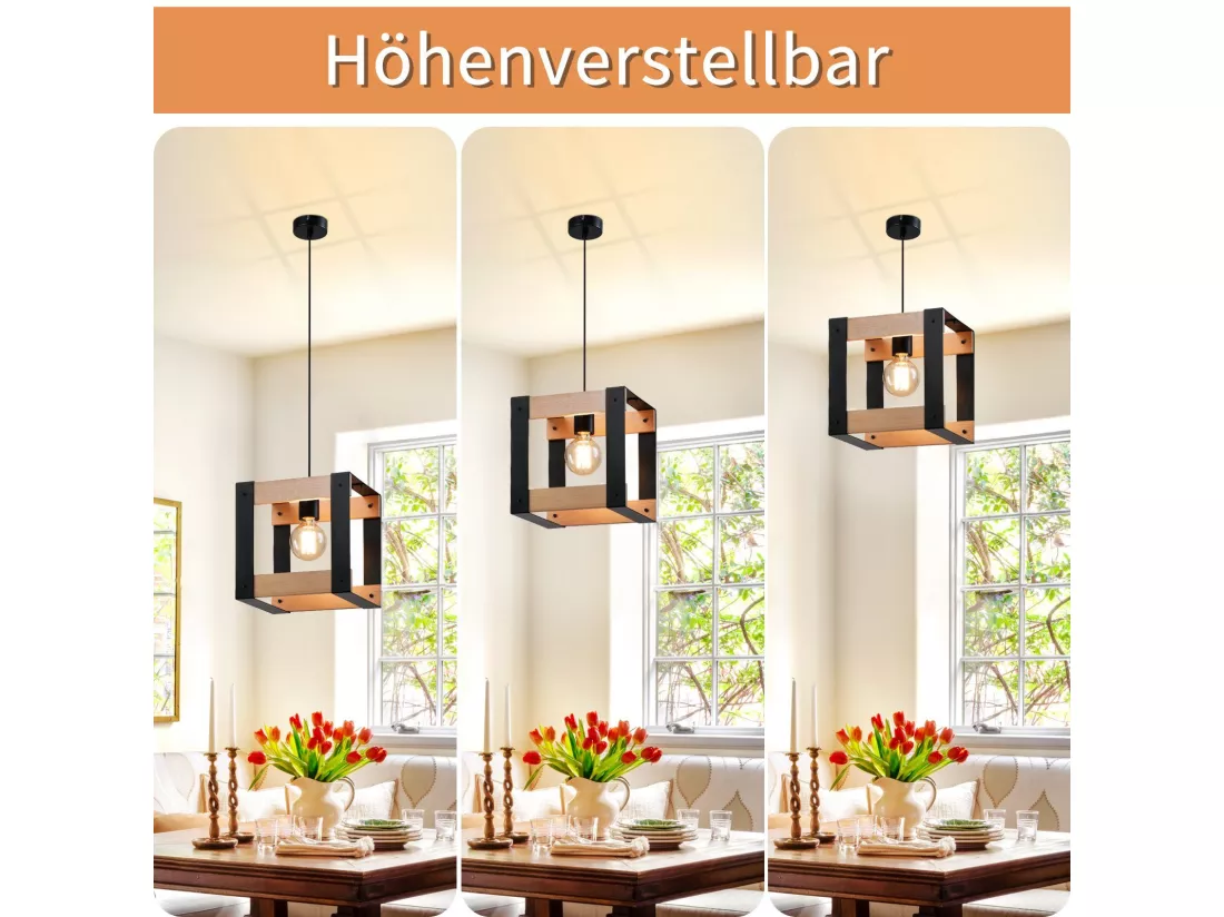 NETTLIFE Suspension Bois Métal Noir E27 Diam.175cm 1 Douille Industrielle Suspension Rétro pour Salle à Manger Salon Cuisine Chambre