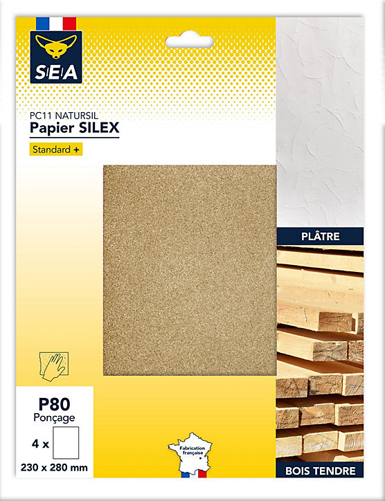 Feuille abrasive 230 x 280 mm grain 80 plâtre, lot de 4