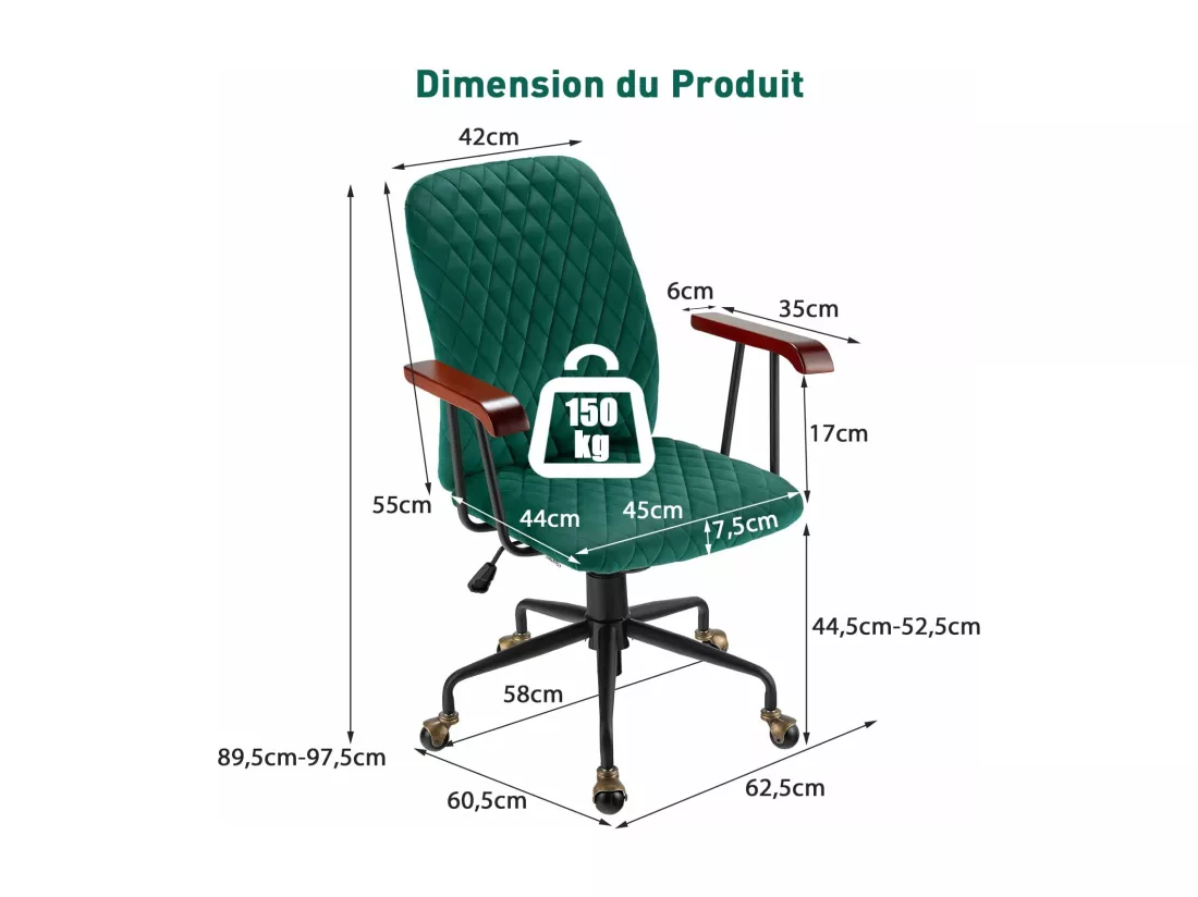 Fauteuil de Bureau à Roulette en Velours, Chaise Pivotante Réglable,Style Vintage Elégant,Accoudoirs en Bois de Caoutchouc, Vert