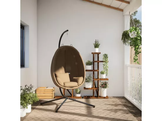 Chaise suspendue en forme d'œuf et support taupe tissu et acier