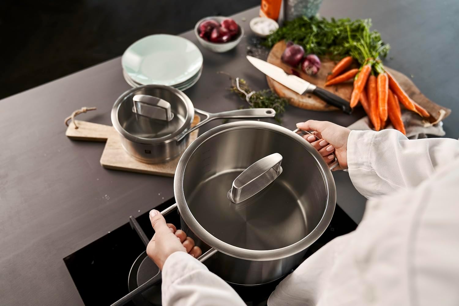 ZWILLING Vitality Kochtopf-Set 5-teilig mit Glas-Deckel, Induktionsgeeignet, Unbeschichtet, Edelstahl, Silber