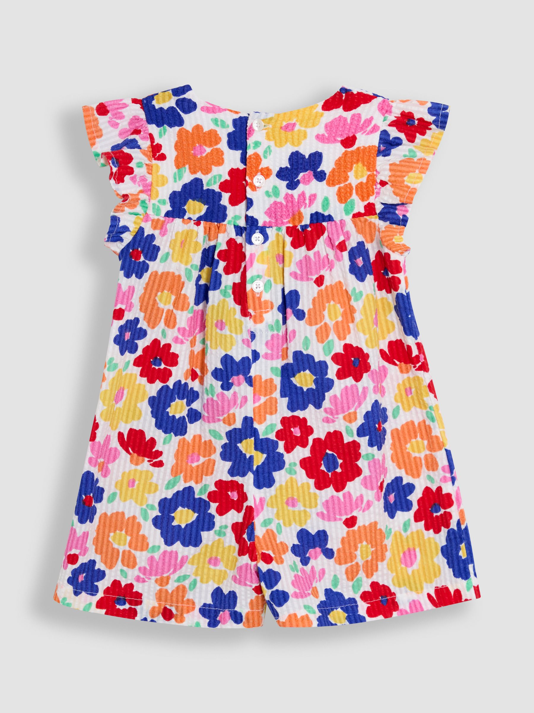 Bright Fuchsia Floral Seersucker - JoJo Maman Bébé Frill Sleeve 100% Cotton Playsuit
