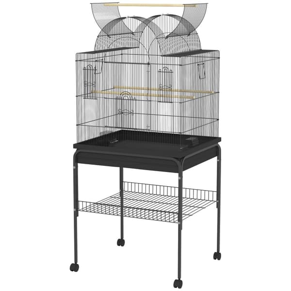 Fuglebur stort undulatbur med brett, oppbevaringsplass, fôringsstasjon, fuglehus med hjul for kanarifugler, stål 63 x 53 x 144 cm svart