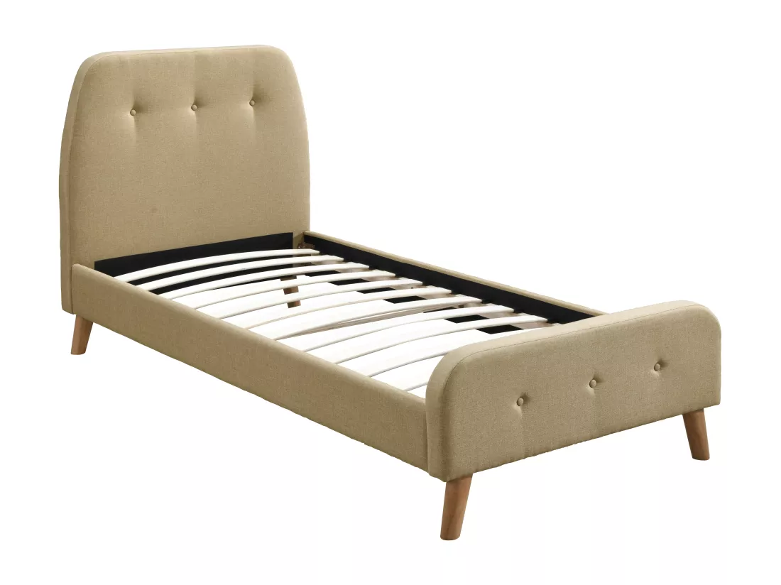 Lit 90 x 190 cm avec tête de lit capitonnée - Tissu - Beige - ROMEO