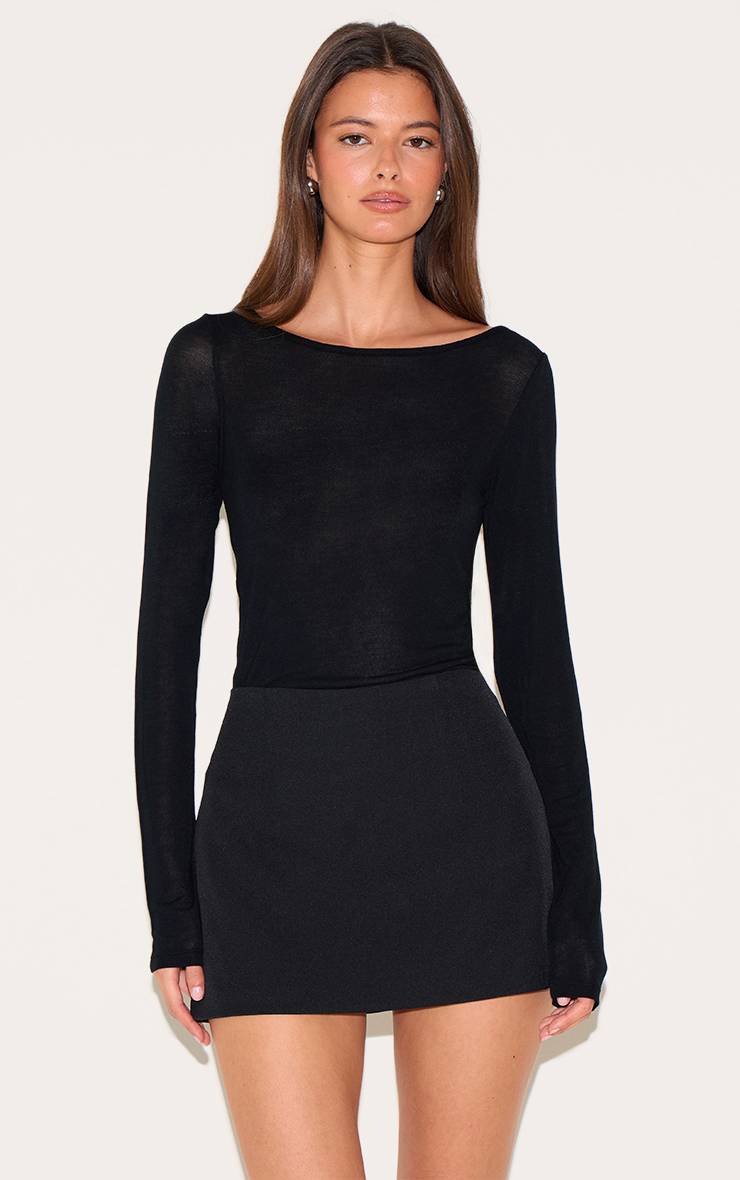 Noir Mini-jupe Taille Haute Évasée En Tissu Tissé