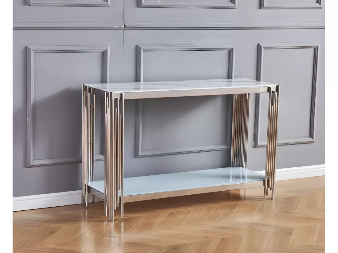 Console FLUTE Chrome plateau verre Marbre Blanc 120x40x78 cm