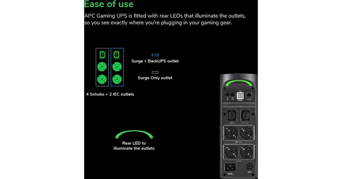 APCBack-UPS Pro Gaming BGM2200B-GR ups  (Zwart, 2200VA/1320W, 4x Schuko & 2x C13 uitgang, 3x USB charger, USB dataport)