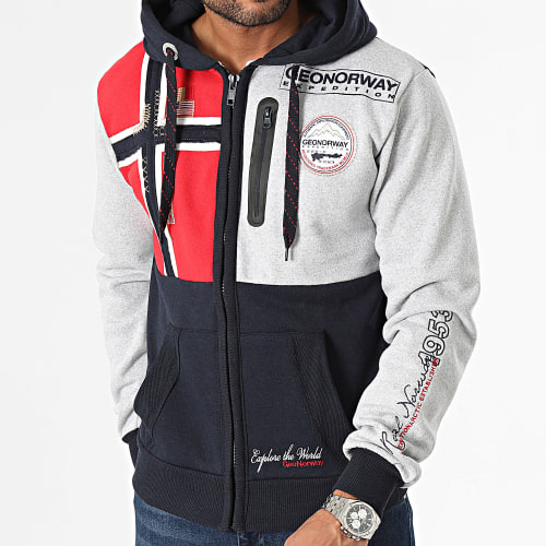 Sweat Zippé Capuche Gris Chiné Bleu Marine Rouge