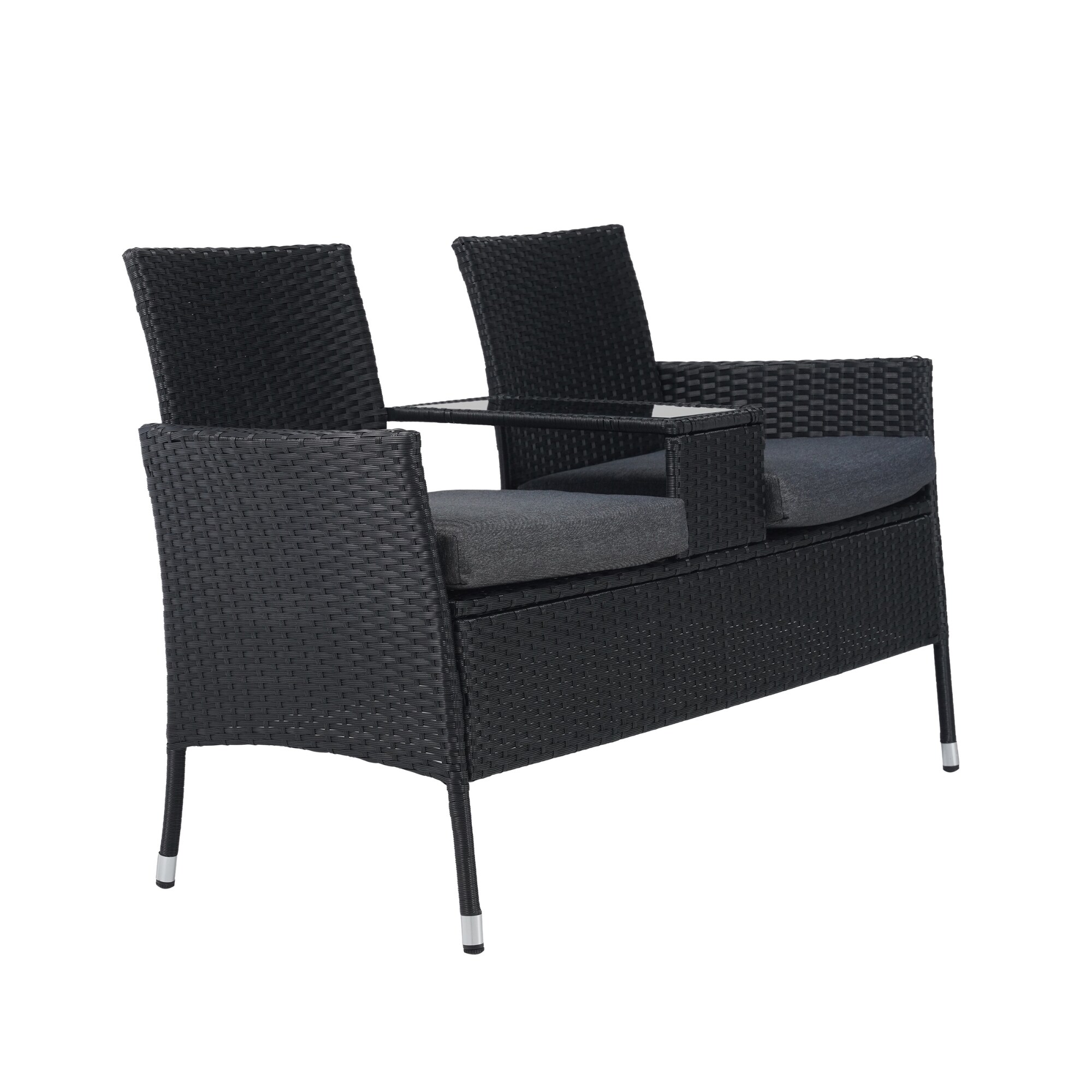 Albatros Gartenbank ANTONIO – Polyrattan Bank – 2-Sitzer Gartenbank mit Tischplatte aus Glas – UV beständig wetterfest – Stoffpolster – 134x82x55cm schwarz – VIP RELAX Sitzbank