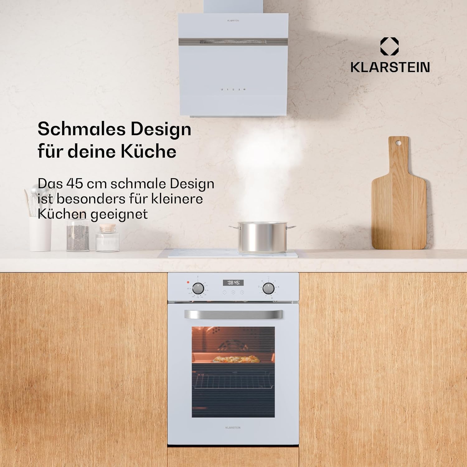 Klarstein SmartSlim Einbaubackofen - 45 cm, 49 L, 9 Funktionen, Dampfreinigung, Abnehmbare Glastür, Energieklasse A, Schwarzes Glas, Digitaler Timer, Backofen Einbaugerät