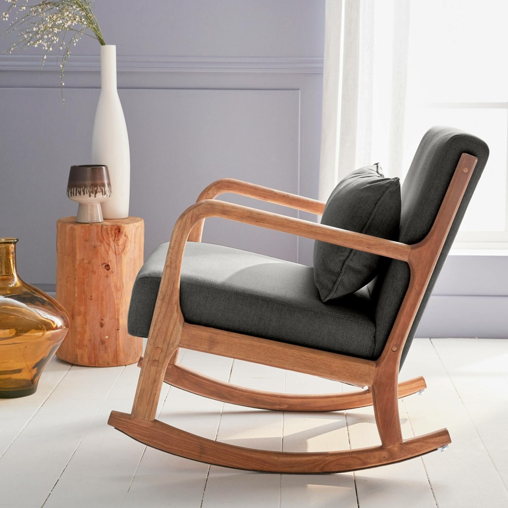 Fauteuil à bascule design en bois et tissu. 1 place. Rocking chair scandinave. Gris foncé