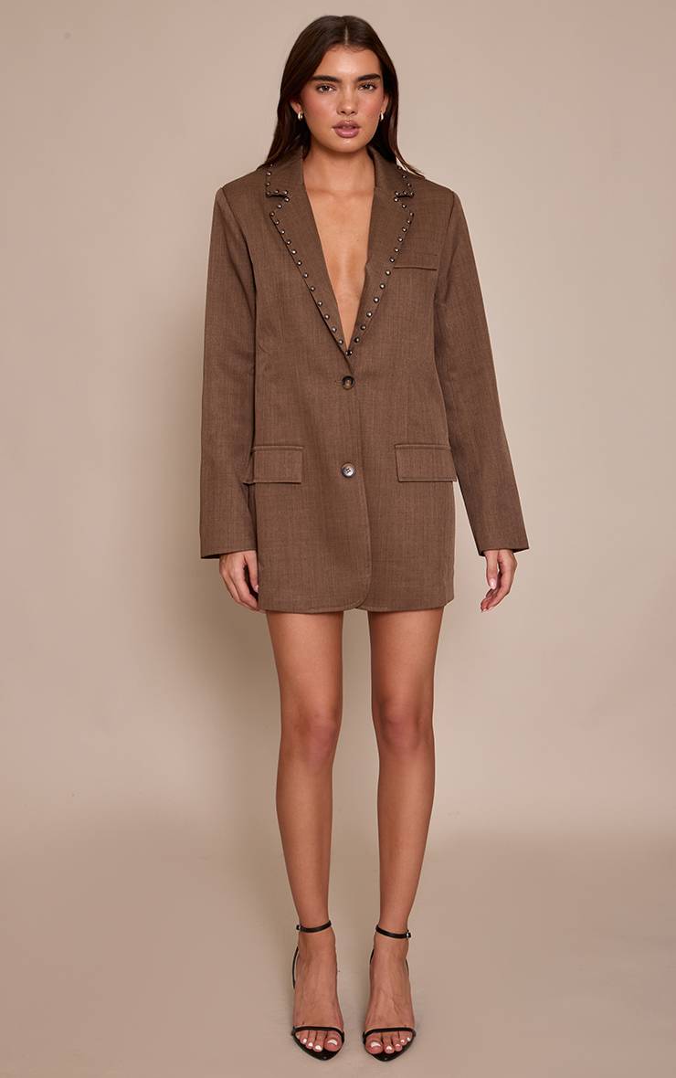 Marron Robe Blazer Oversize Ajustée En Tissu Tissé À Clous