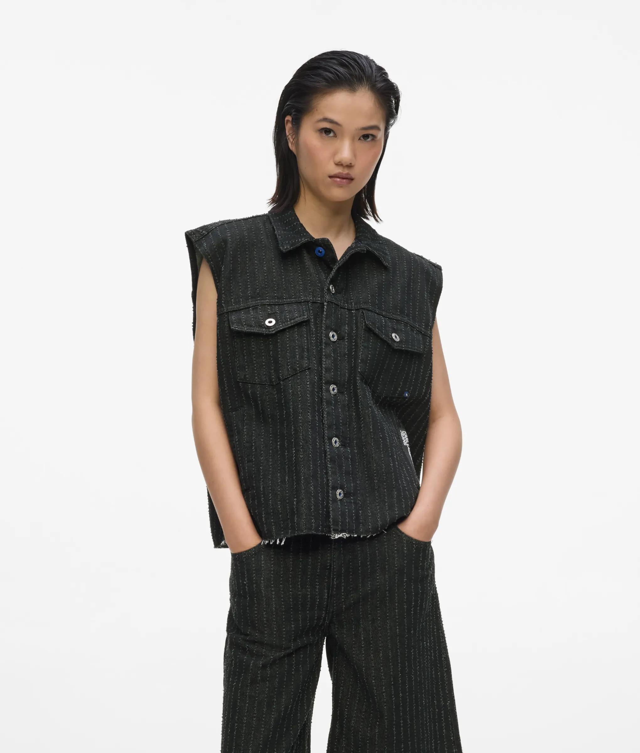 Denim gilet met krijtstreep