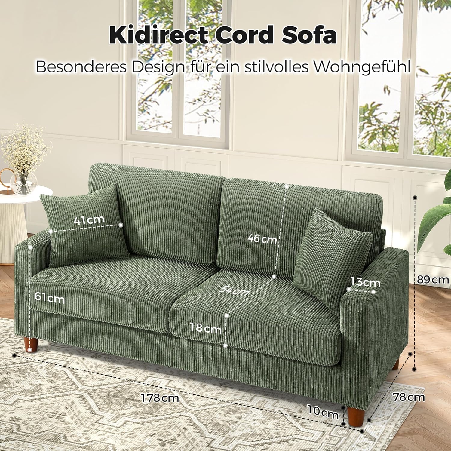 Kidirect Cord Sofa 3 Sitzer, 178CM Bequemes Couch 53CM Extra Tiefe Sitze, Sofa Wohnzimmer Werkzeugfreie Montage, Big Sofa Couch mit 2 Kissen, Modernes Couch fürs Büro, Schlafzimmer Sofas Waldgrün