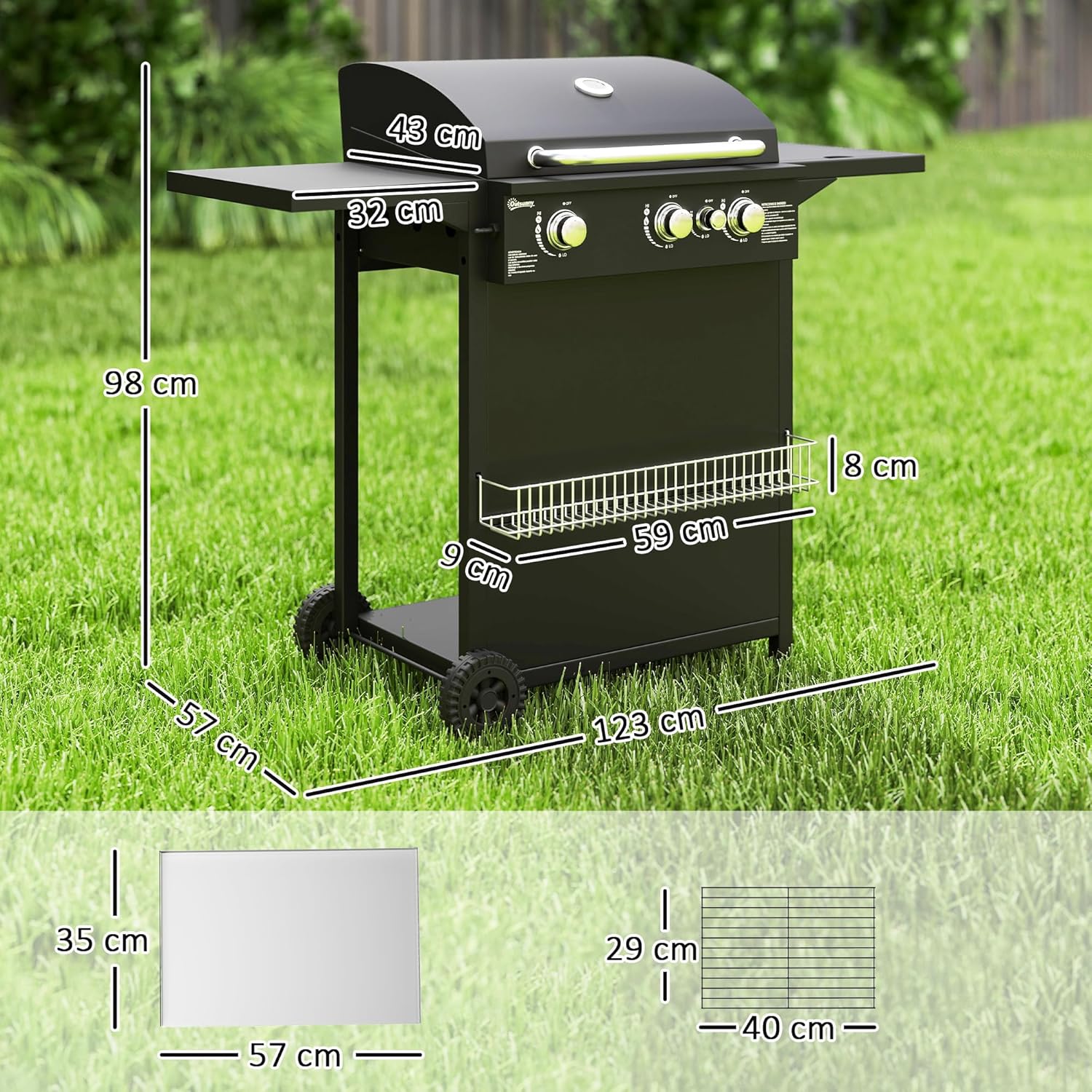 Outsunny Gasgrill 9,5 KW Grillwagen inkl 4 Brenner Seitenkocher Druckminderer Gasschlauch Rolle, BBQ Gartengrill mit 2 Heizzonen Deckel Seitenablagen Thermometer Grill für Balkon 123x57x98 cm