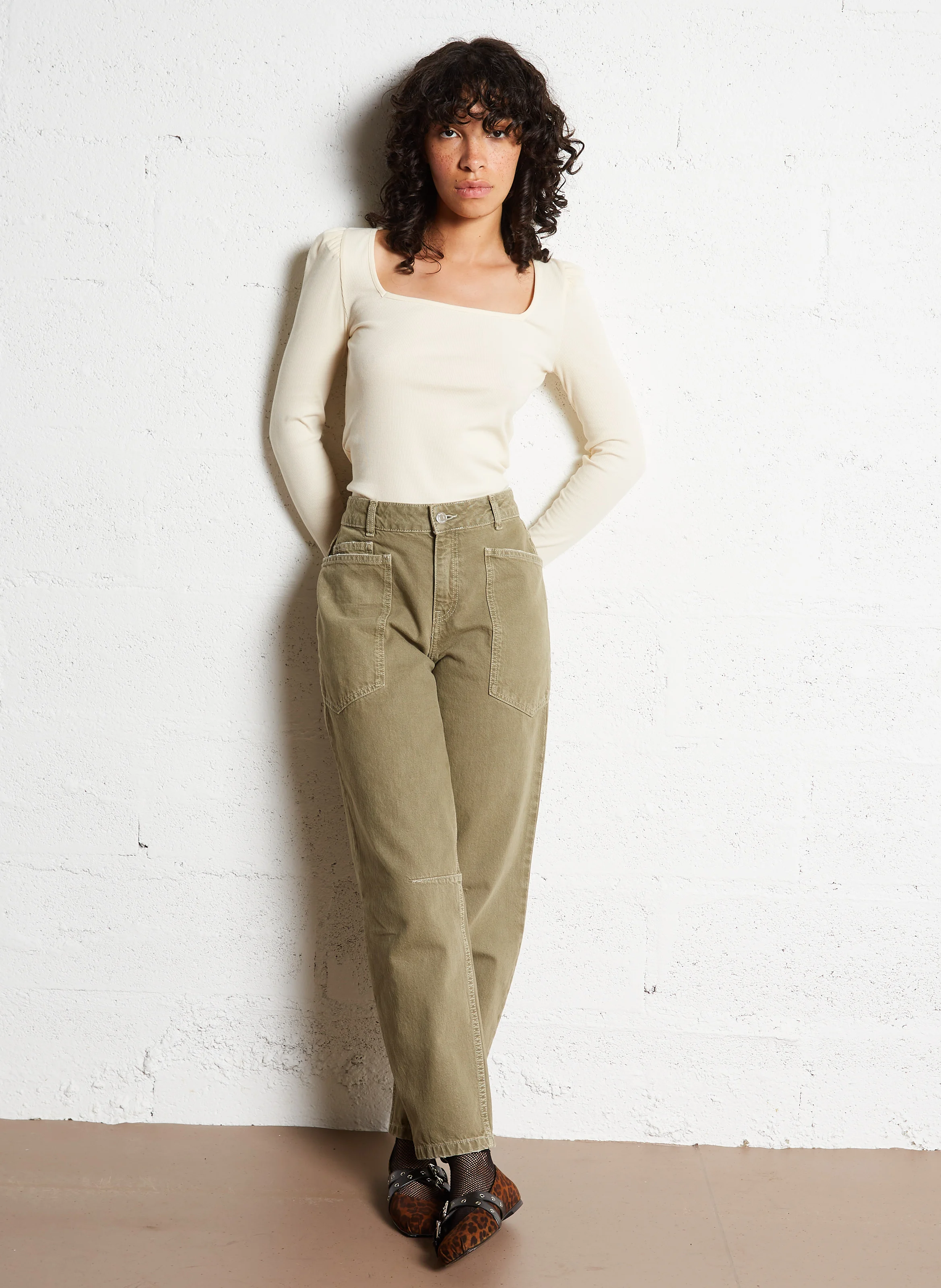 OPRAH - Tee-shirt col carré en coton mélangé | Beige