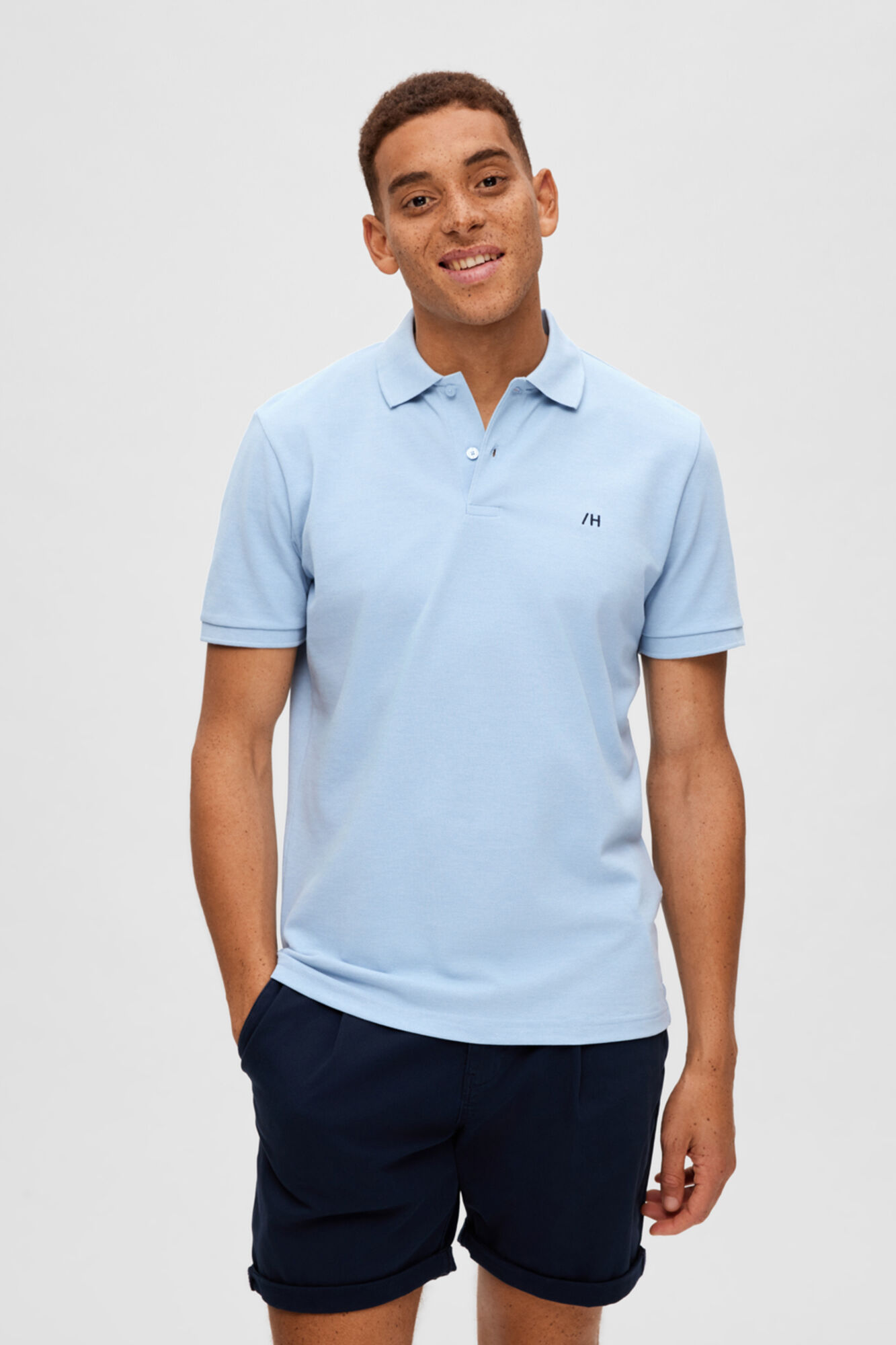 Camisa polo de manga curta com logotipo bordado, 100% algodão orgânico - Azul