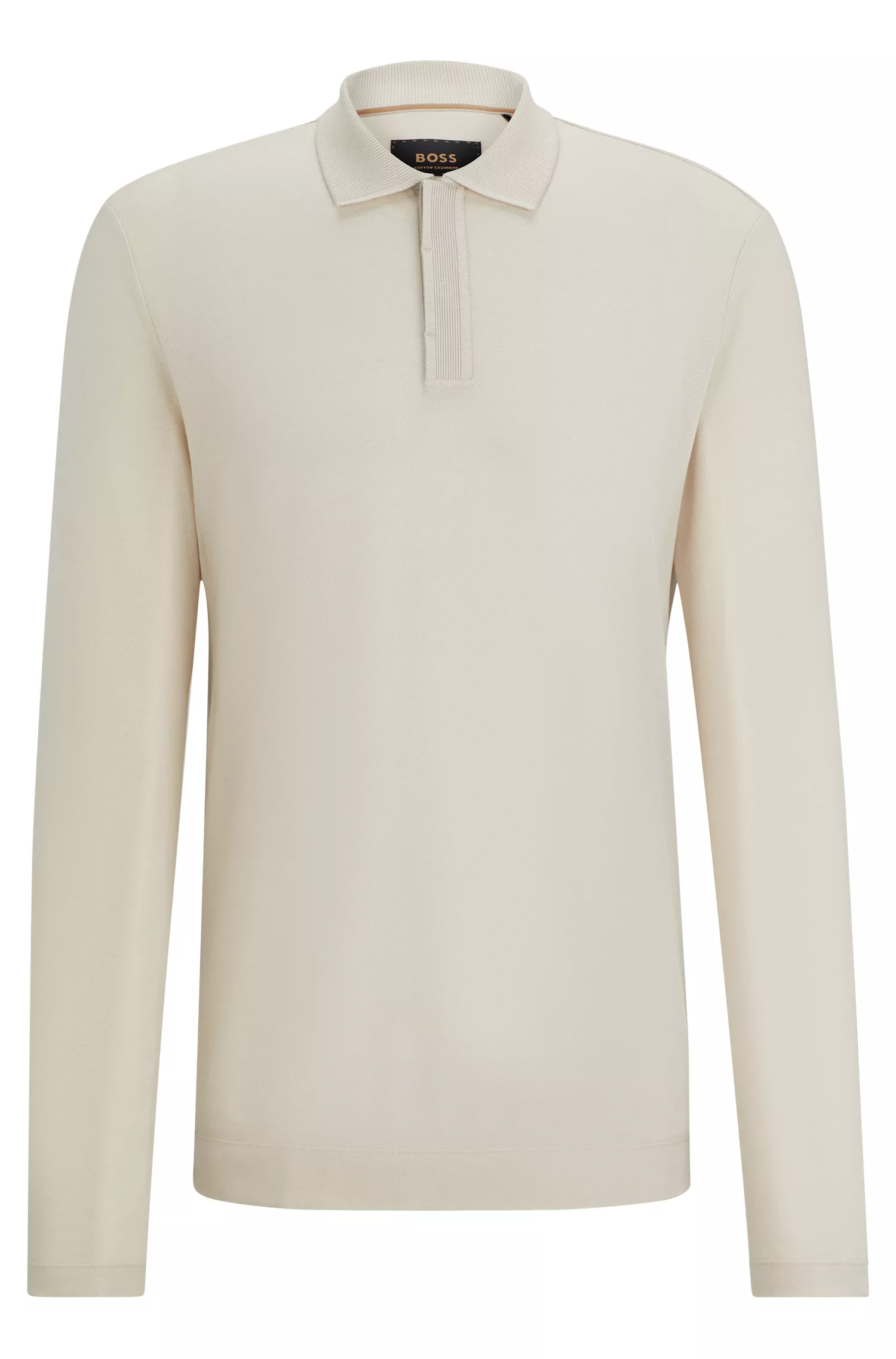 Camisa polo BOSS cor camelo, corte regular, em algodão e cashmere.