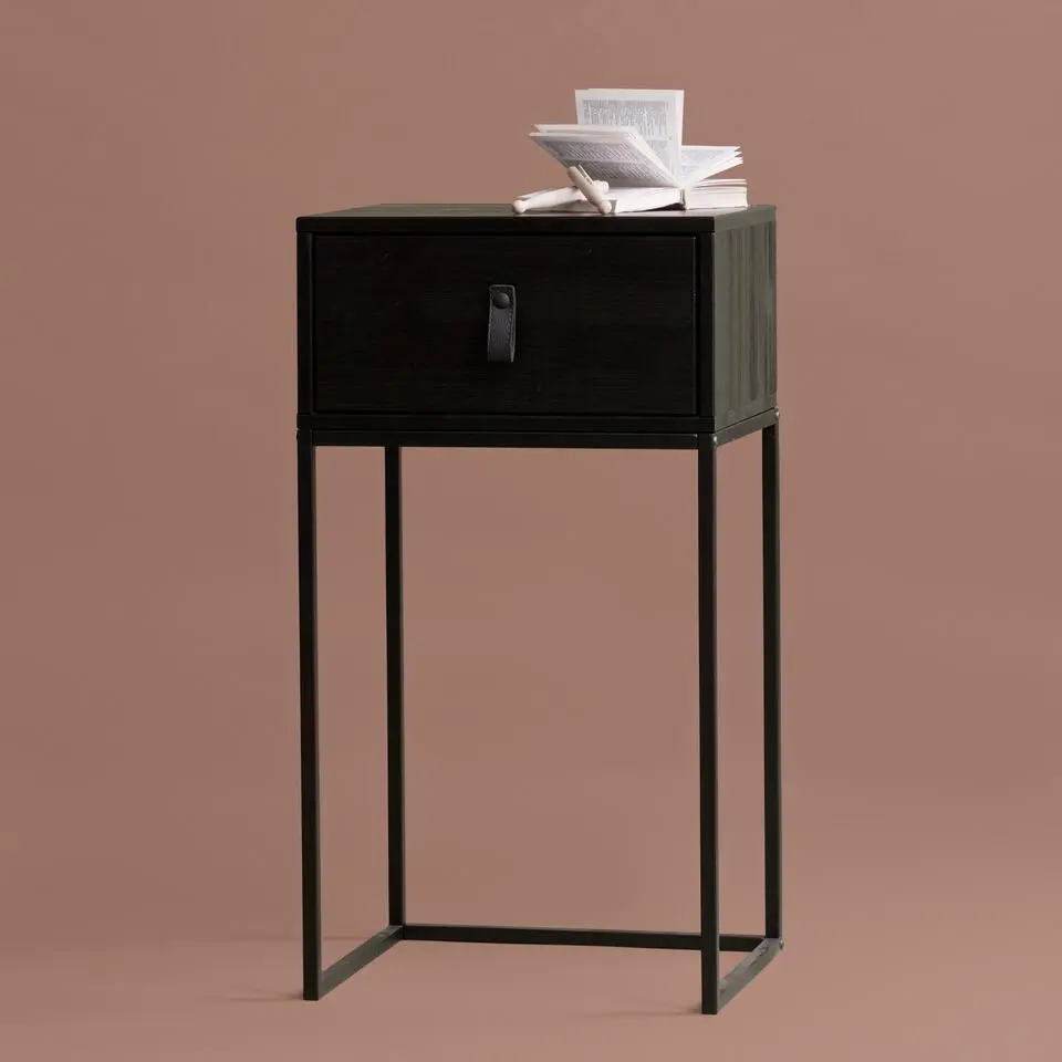 WOOOD Zola Nachtkastje Met Lade - Grenen Geborsteld - Zwart - 74x40x35