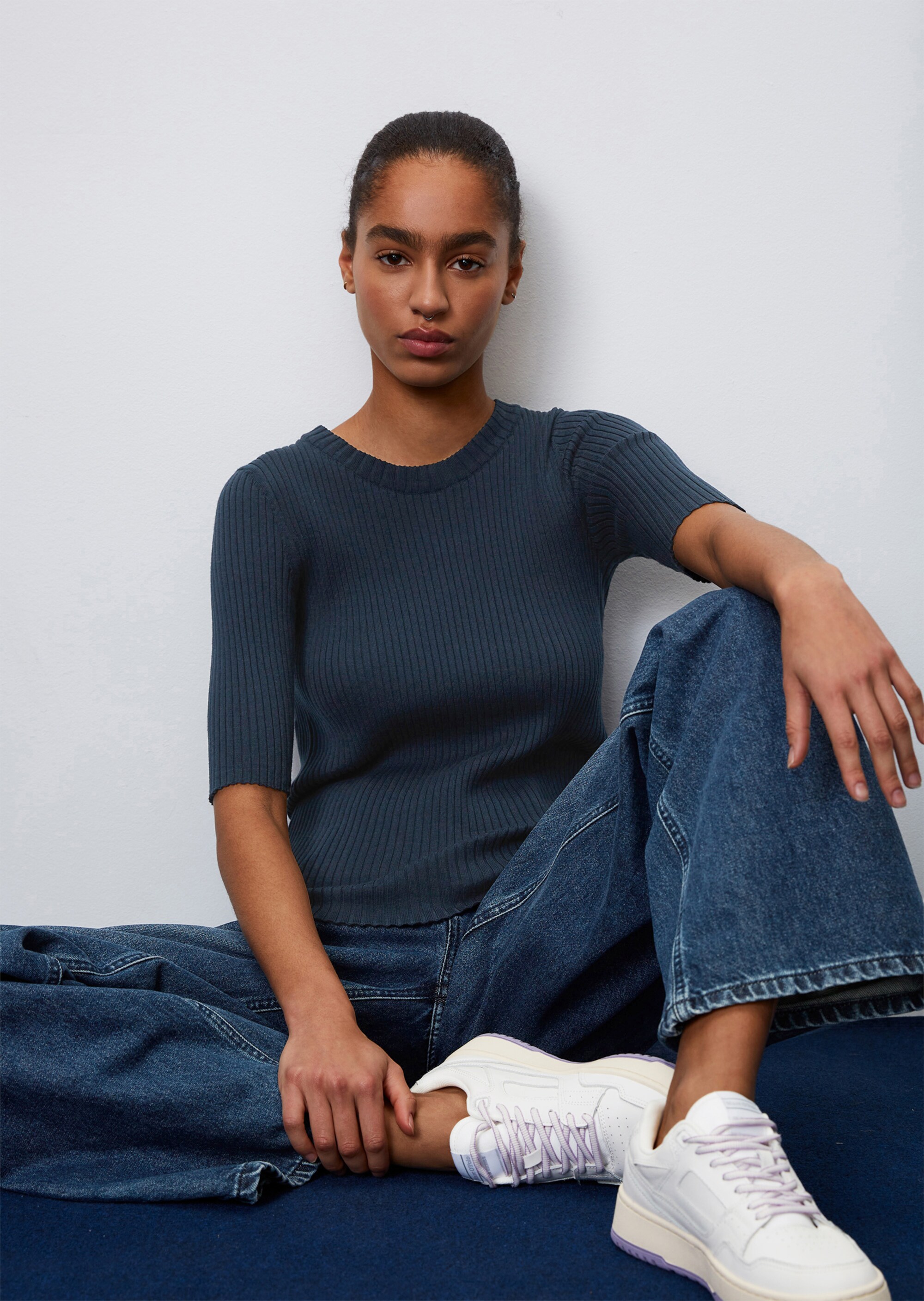 Kurzarm-Strickpullover fitted aus Organic Cotton-Mix