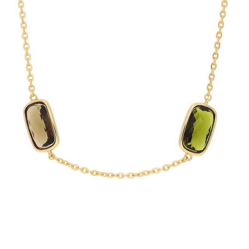 Collier Doré Petits Galets Cristal Kaki Et Brun
