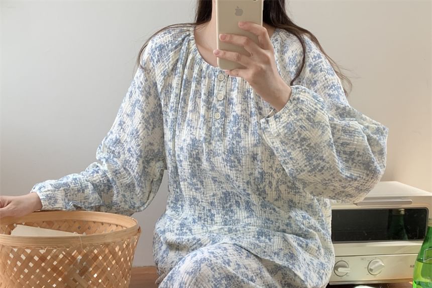 Tanee - Pyjamaset: Henley-top met lange mouwen en print + rechte broek