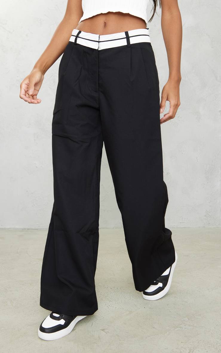 Noir Pantalon Droit À Taille Retournée