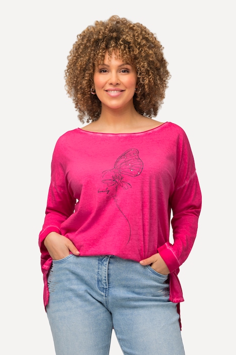 Shirt, Flockdruck, Rollkanten, Rundhals, Langarm