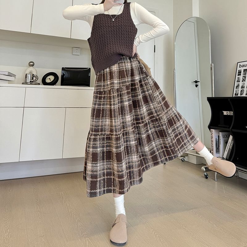 Rosehedge - Hoge taille geruite midi A-lijn rok