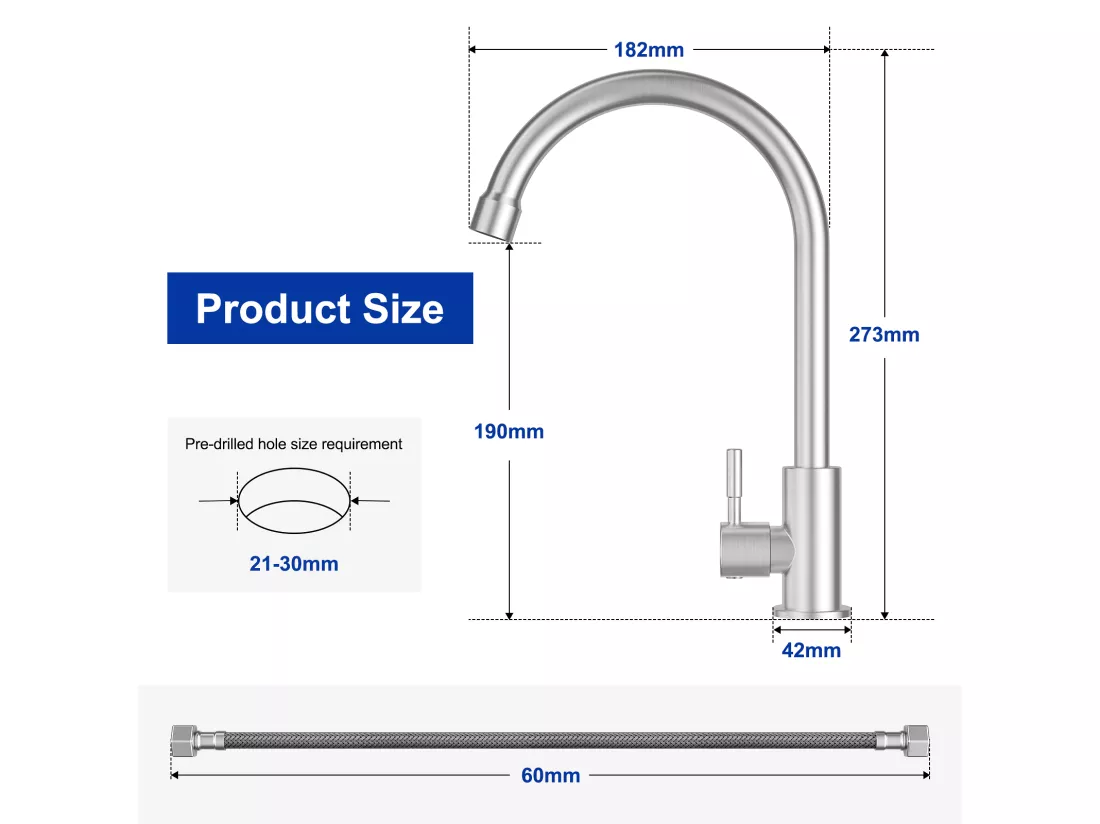 Evier 1 Bac en Quartz et Résine, 3 Options de Montage, 40*44*20cm + Robinet de Cuisine à eau Froide,Brossé