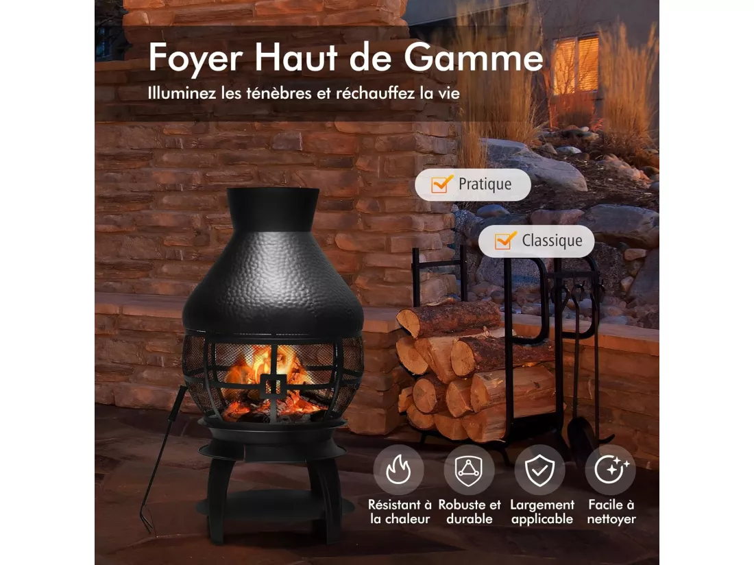 Brasero Foyer Extérieur avec Grille à Bûches en 2 Pièces, Cheminée à Bois Capuchon de Pluie et Tisonnier Couvercle en Maille Ignifuge à 360°, pour Jardin Camping Barbecue