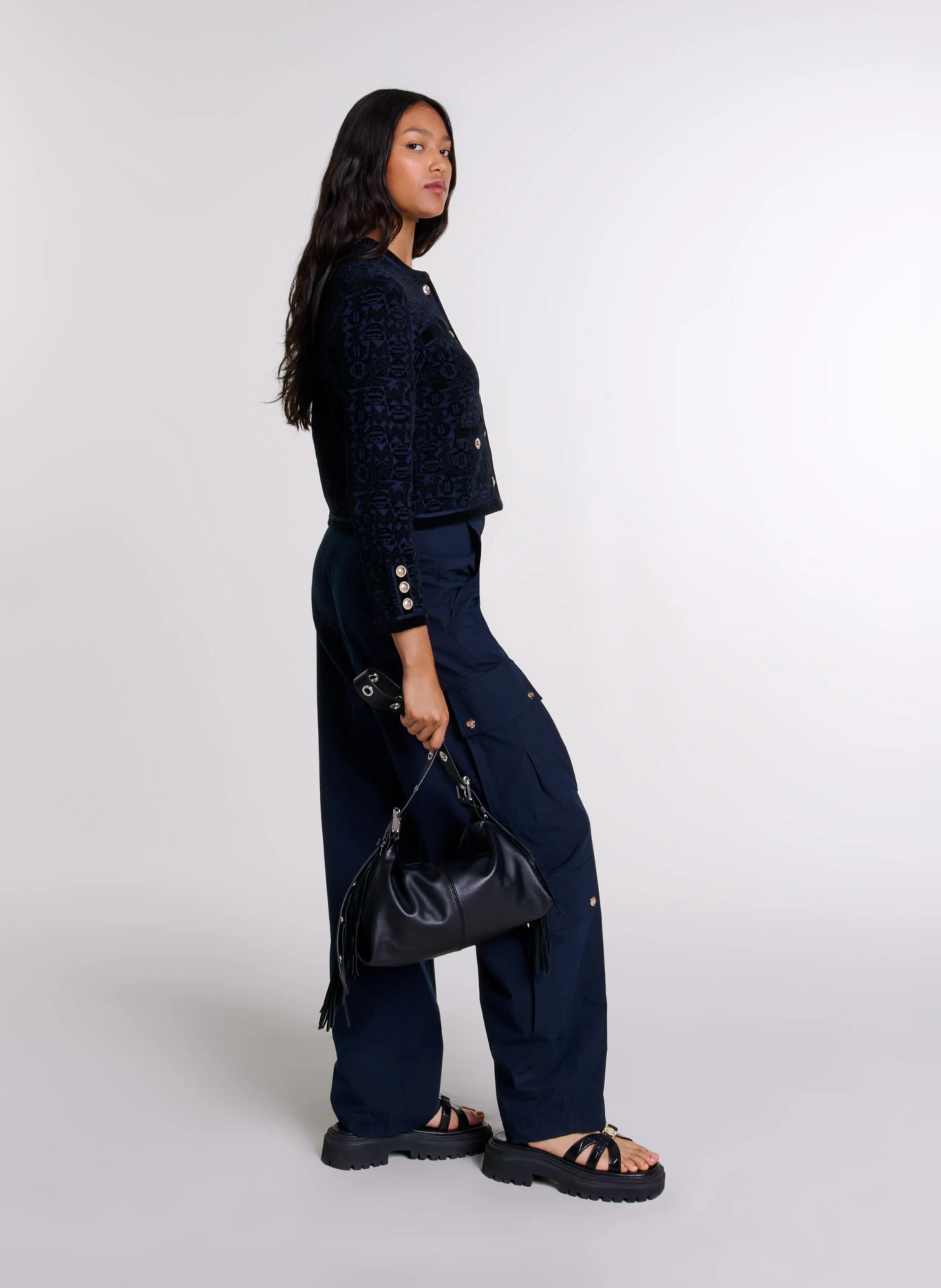Cardigan col rond droit en jacquard imprimé | Noir