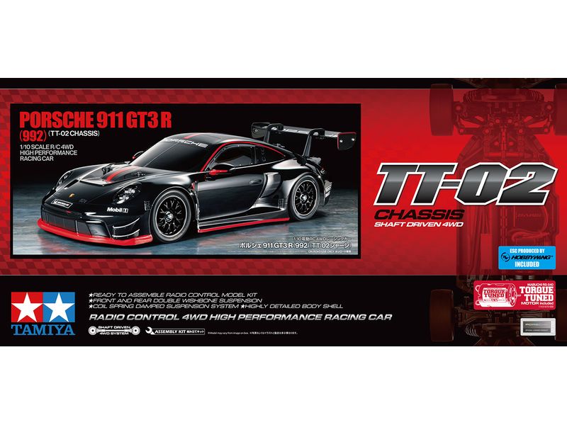 Tamiya Porsche 911 GT3 R 992 Bausatz, 1:10, 4WD, TT-02 4WD RC Modell Bausatz