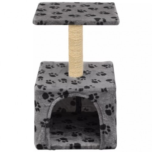 Arranhador para gatos, cinza, com pegadas de patas.