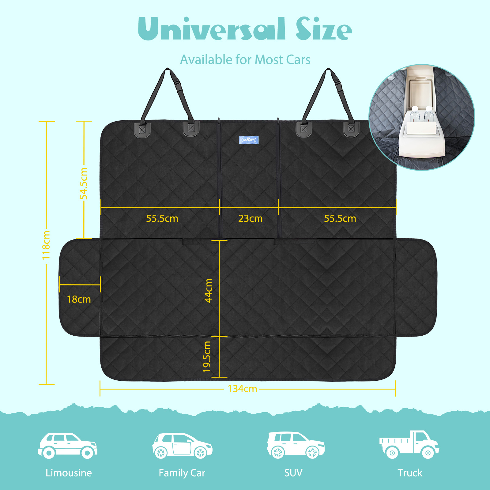 Capa protetora para banco de carro para cães Nobleza com zíper, 137×121CM, protetor de banco traseiro para cães, capa universal impermeável e antiderrapante para bancos de carro de SUV, almofada para família e viagens.