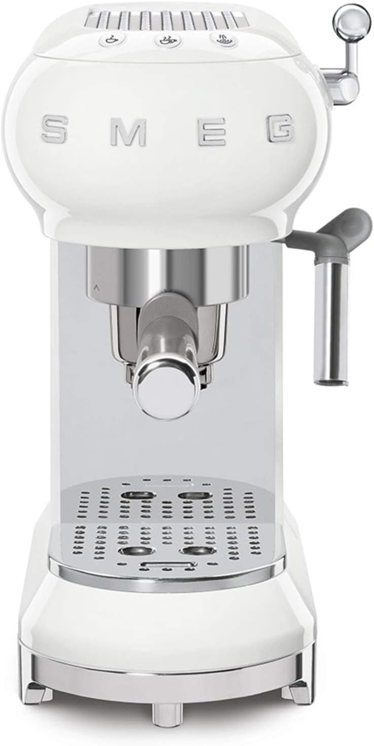 Smeg, ECF01WHEU Manual Espresso -Maschine, Cappuccino -System, Thermoblock, große Tassengehäuse und Doppelkaffeefunktion, 1 l Wassertank, kompakte Abmessungen, 1350W, Weiß