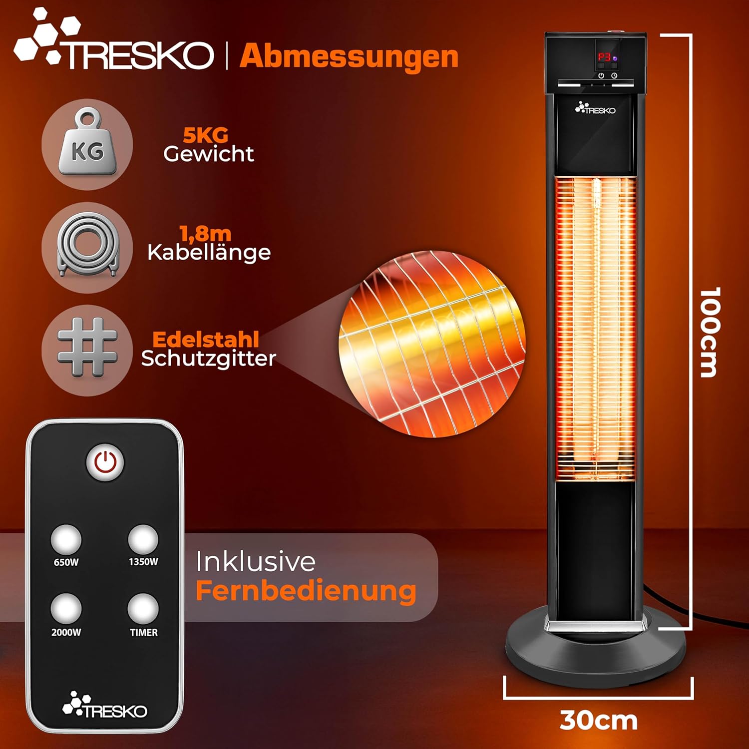 TRESKO Infrarot Stand-Heizstrahler 2000W mit Fernbedienung | Wärmestrahler Terrasse elektrisch mit 3 Heizstufen | Terrassenstrahler Innen & Außen | Infrarotstrahler mit LED-Anzeige