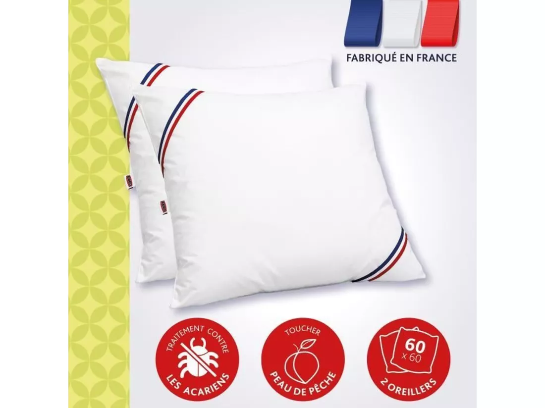 DODO Lot de 2 Oreillers Anti-Acariens Belle Nuit 60x60 cm blanc