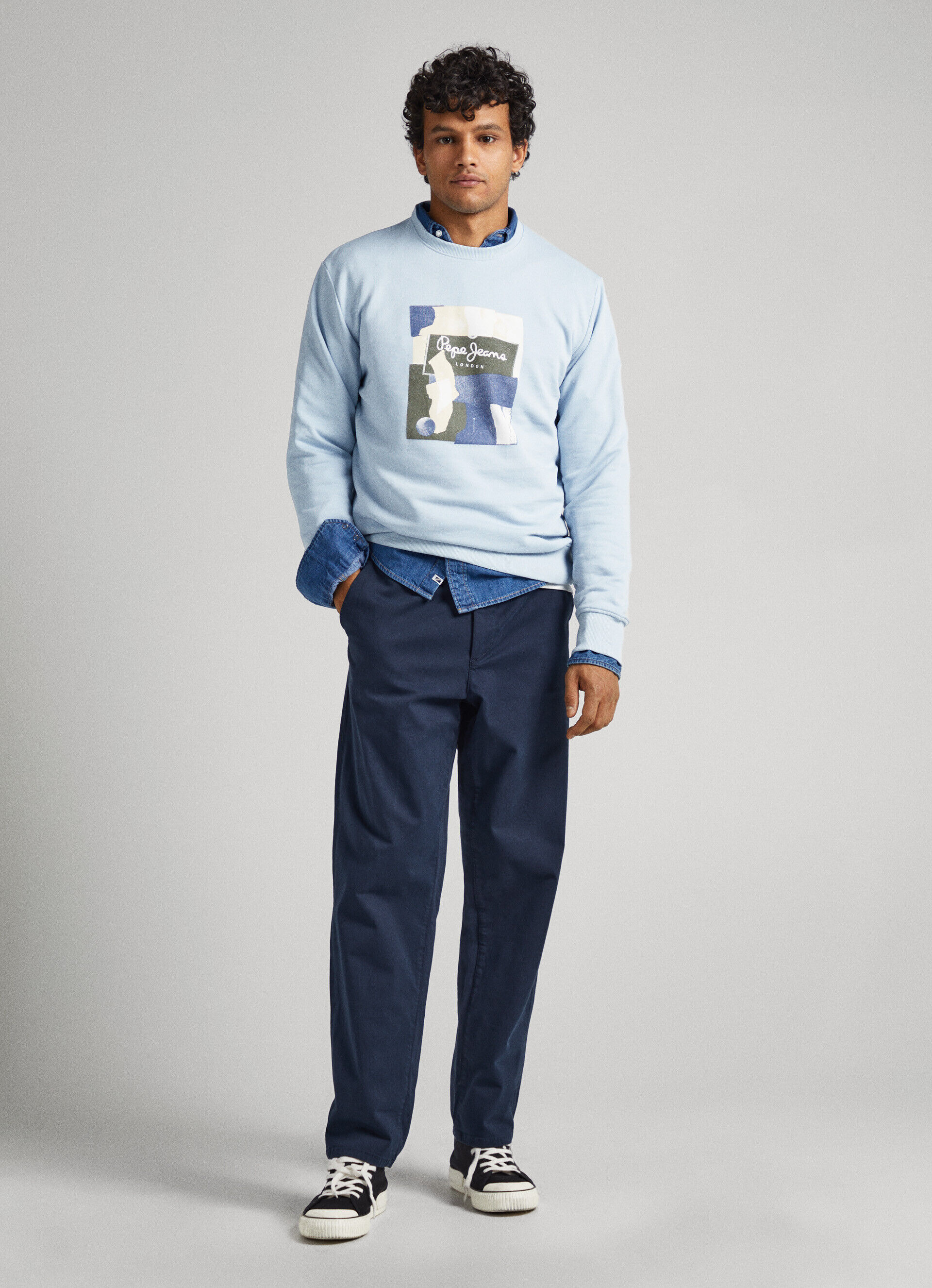 Moletom de algodão com gola redonda - azul chambray