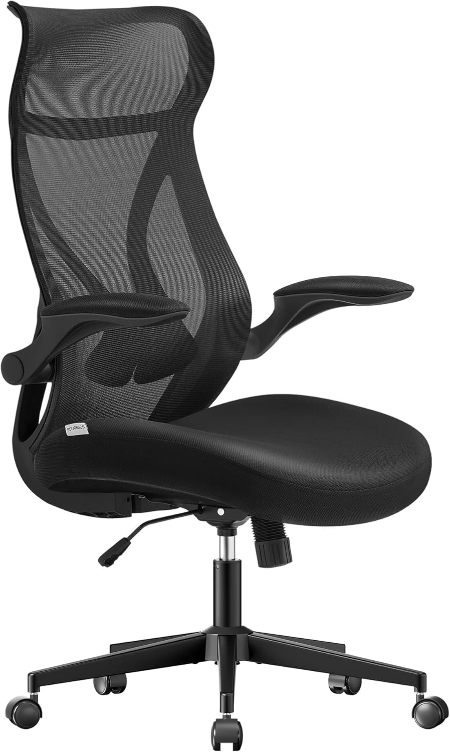 SONGMICS Bürostuhl, Schreibtischstuhl, ergonomische Rückenlehne, höhenverstellbar, hochklappbare Armlehnen, Drehstuhl mit Kopfstütze, bis 150 kg belastbar, tintenschwarz OBN088B01 JI4560770