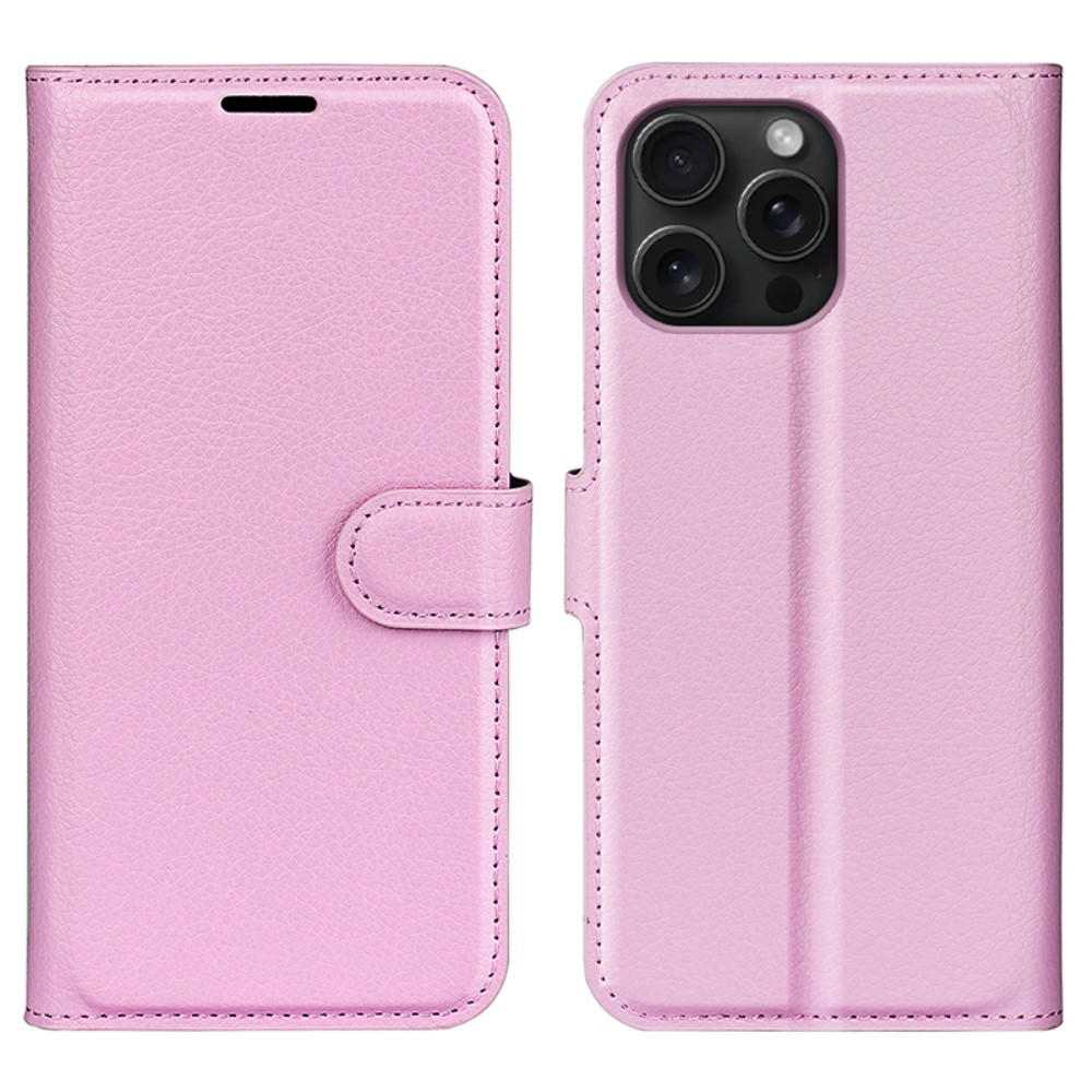 iPhone 16 Pro Leder Tasche Flip Cover Litchi Look - Rosa