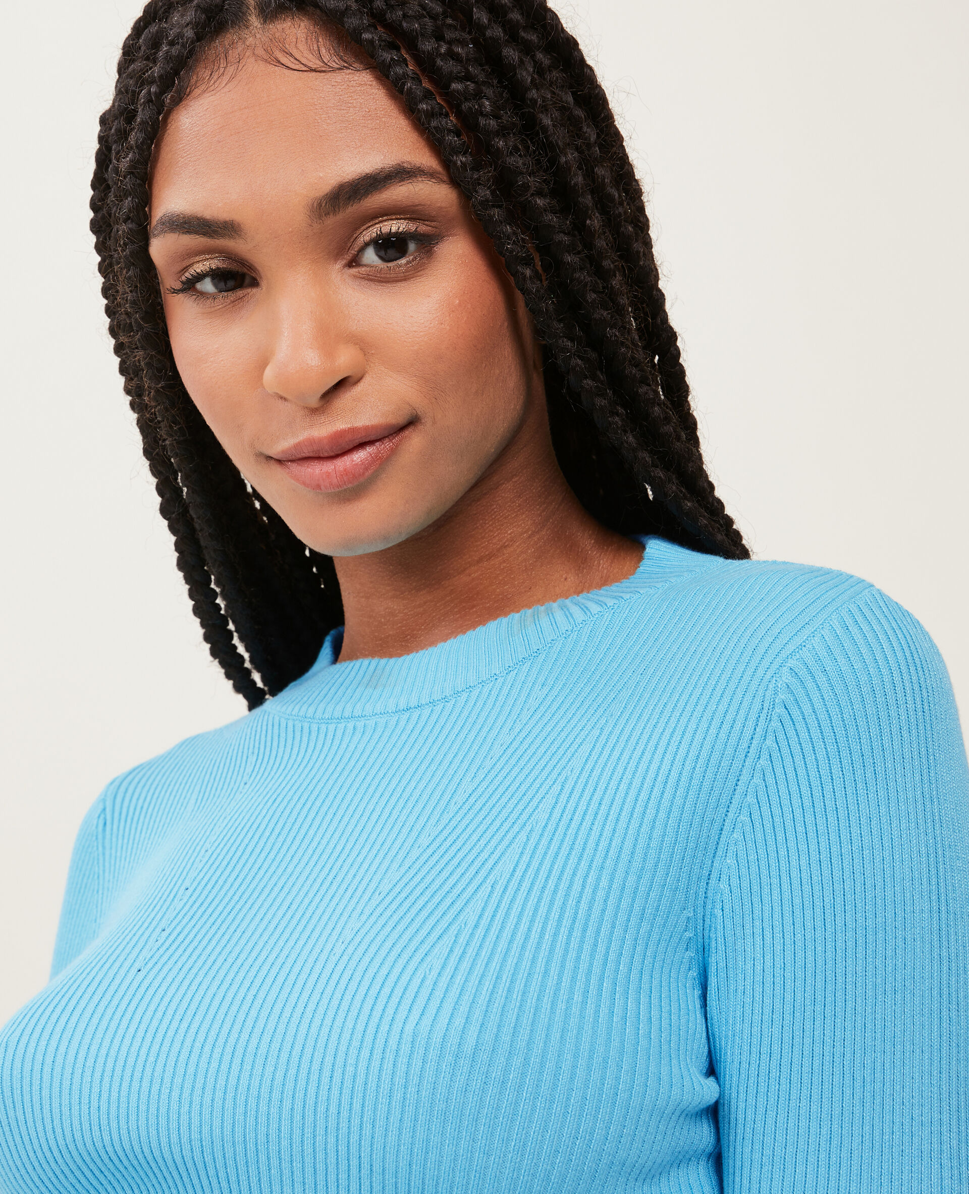 Pull col rond maille côtelée - Bleu turquoise