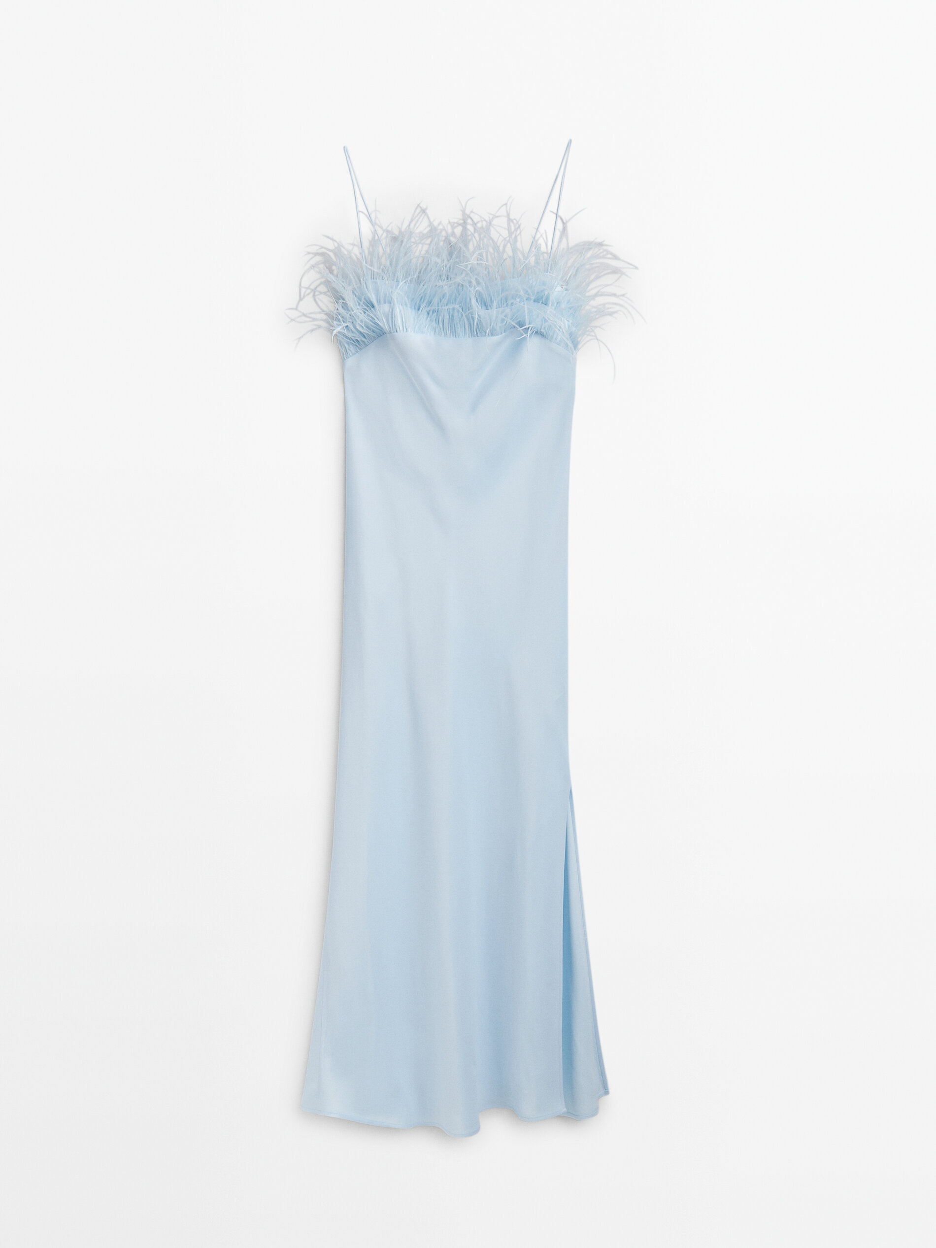 Vestido largo detalle plumas -Studio - Azul Claro