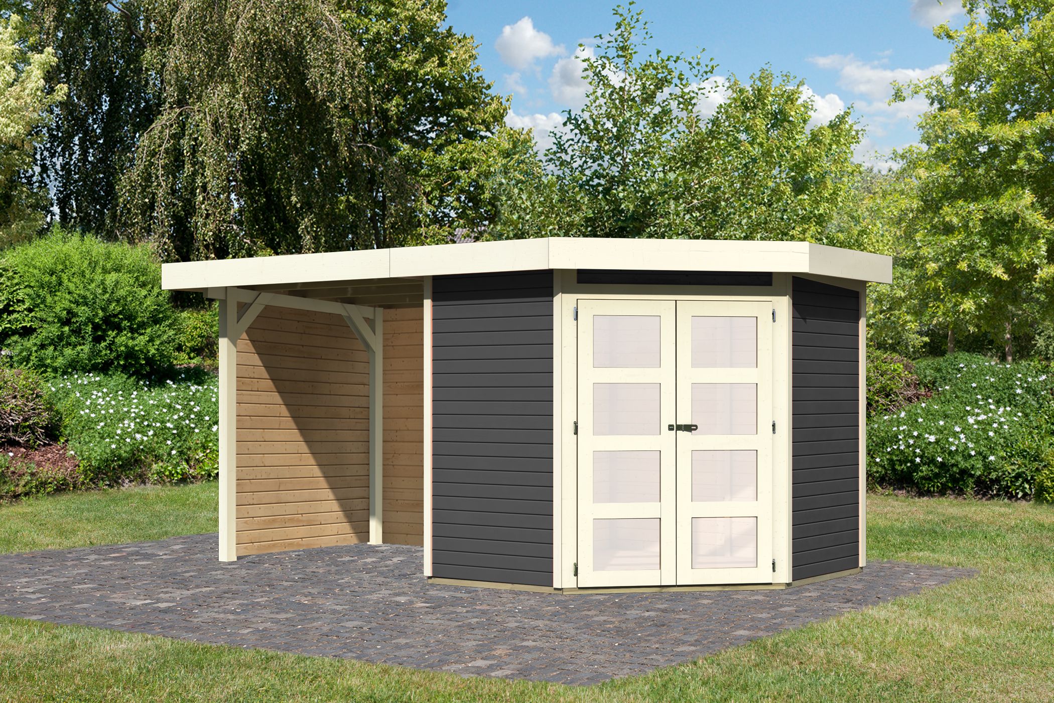 Karibu Gartenhaus Taraba 3 Set | Boden, Dachfolie, Anbaudach, Seiten- & Rückwand