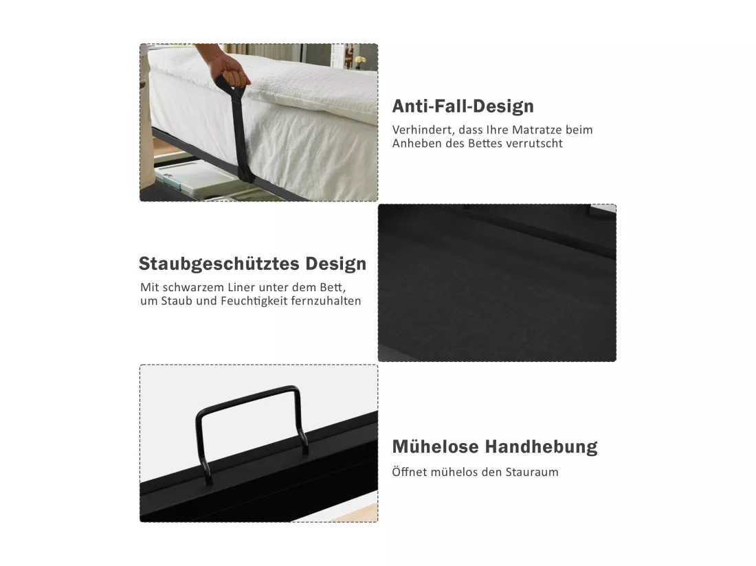 Lit coffre 90 x 200 cm avec tête de lit LED, prise USB Type-C - Tissu en coton - Beige (sans matelas)